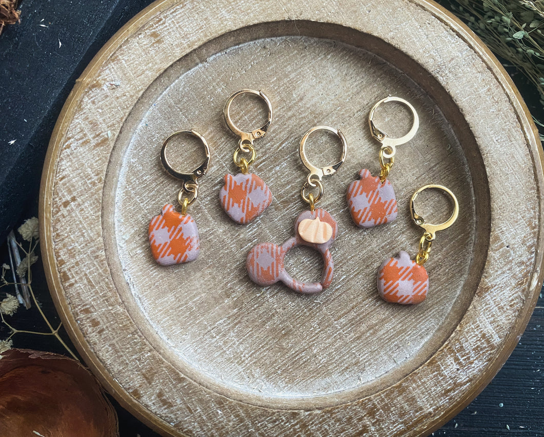 Autumn Mickey Ears Sets  | Apricot Plaid | Polymer Clay Stitch Markers |